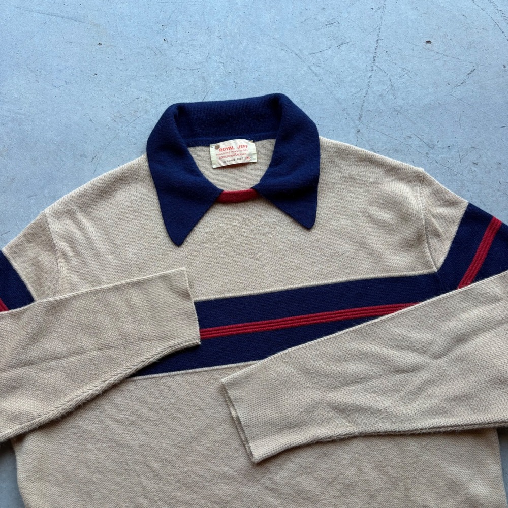 Vintage 70s Lord Jeff Royal Jeff Tan Striped Knit Polo Sweater XL Men Retro